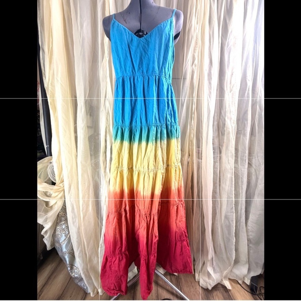 Jessica Simpson Rainbow Ombre Tiered Maxi Dress Blue Pink Large Boho Summer